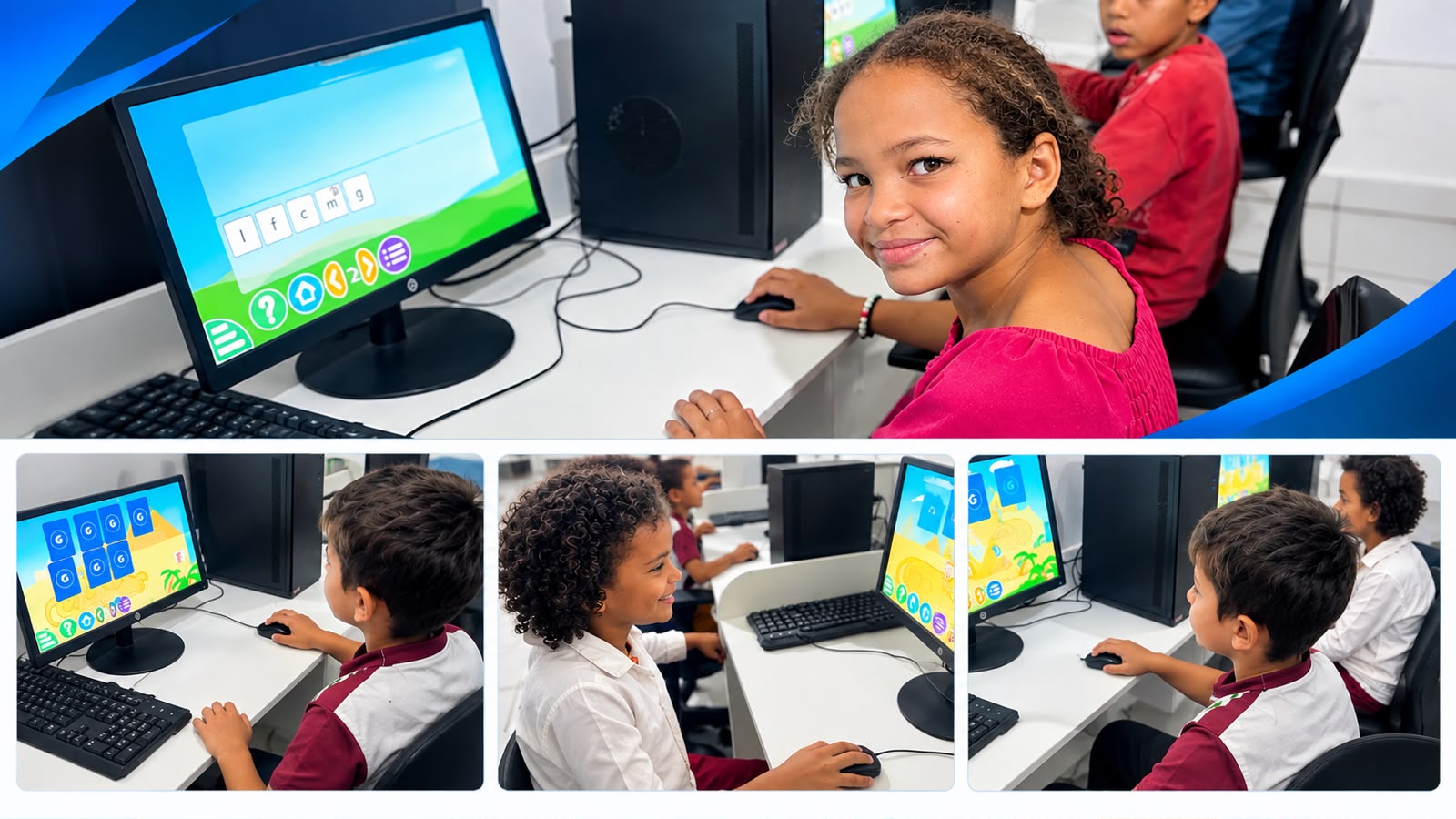 Alunos usando os computadores do laboratório de informática da escola